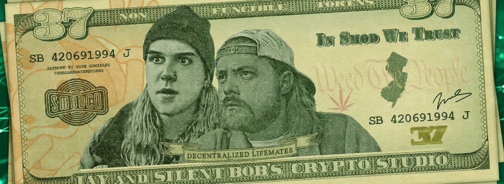 Jay and Silent Bob on a 37 dollar bill labeled In Smod We Trust